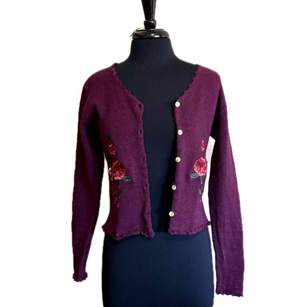Wool and Cotton Embroidered Flower Cardigan Vtg Small - Picture 3 of 6